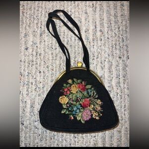 Vintage Floral Needlepoint Tapestry Black Small Clutch Purse